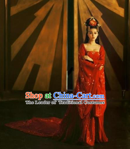 Traditional Ancient Chinese Costume, Costumes Elegant Hanfu Clothing Chinese Tang Dynasty Imperial Emperess Chiffon Red Dance Clothing for Women