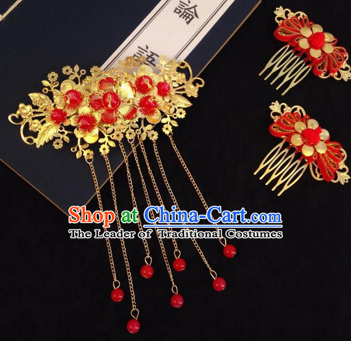 Chinese Wedding Jewelry Accessories Traditional Xiuhe Suits Wedding Bride Headwear Wedding Hair Comb Tiara Ancient Chinese Red Tassel Harpins for Women