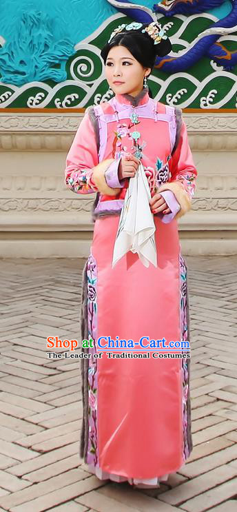 Traditional Ancient Chinese Imperial Consort Costume, Chinese Qing Dynasty Manchu Lady Dress and Vest, Chinese Mandarin Embroidering Flower Robes Imperial Concubine Embroidered Clothing for Women