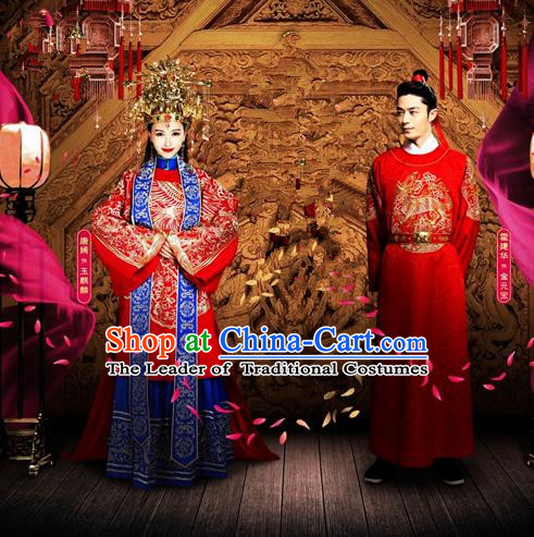 Traditional Ancient Chinese Imperial Consort and Emperor Wedding Costume Set, Elegant Hanfu Clothing Chinese Ming Dynasty Imperial Queen and King Tailing Embroidered Clothing for Women for Men