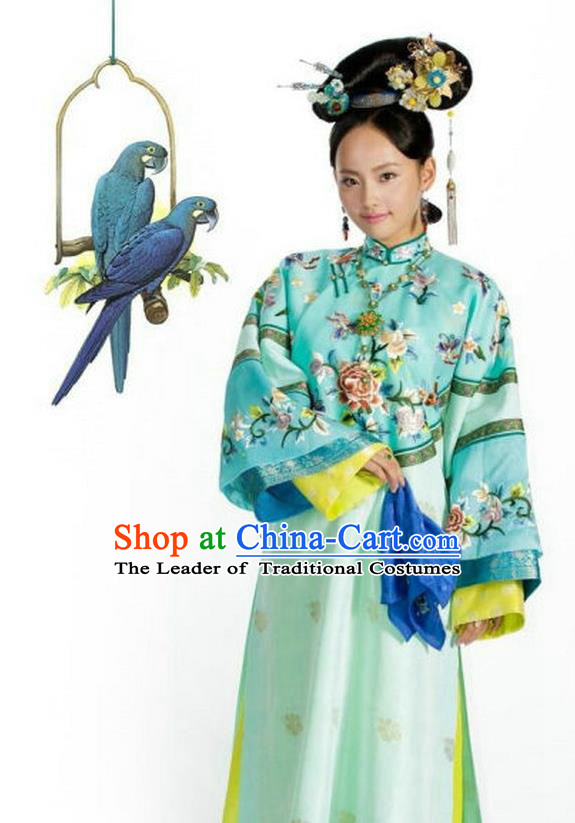 Traditional Ancient Chinese Imperial Consort Costume, Chinese Qing Dynasty Manchu Lady Dress, Chinese Mandarin Robes Imperial Concubine Full Embroidered Clothing for Women