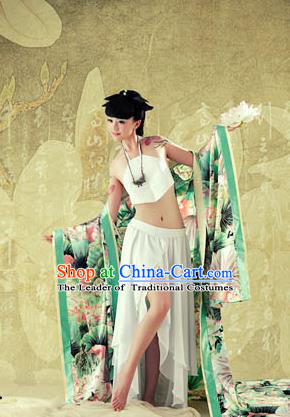 Traditional Ancient Chinese Imperial Consort Sexy Costume, Elegant Hanfu Clothing Chinese Tang Dynasty Imperial Emperess Tailing Green Chiffon Clothing for Women