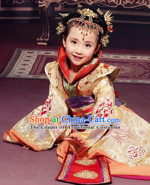 Traditional Ancient Chinese Imperial Empress Children Costume, Children Elegant Hanfu Clothing Chinese Tang Dynasty Imperial Empress Tailing Embroidered Clothing for Kids