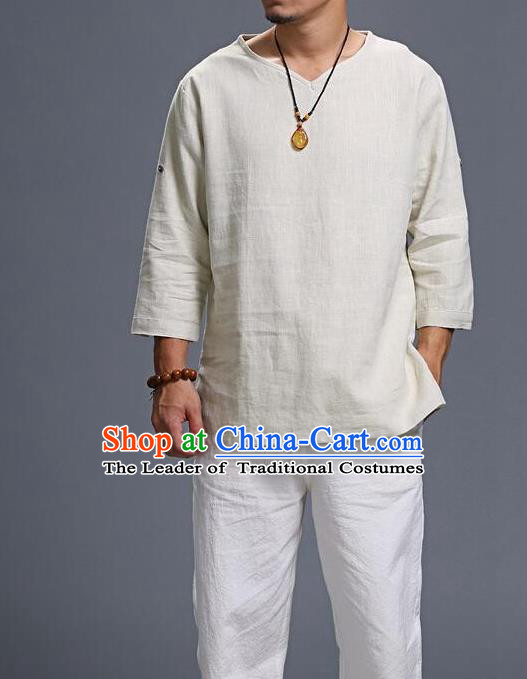 Traditional Top Chinese National Tang Suits Linen Frock Costume, Martial Arts Kung Fu Three Quarter Sleeve Beige T-Shirt, Kung fu Unlined Upper Garment, Chinese Taichi Shirts Wushu Clothing for Men