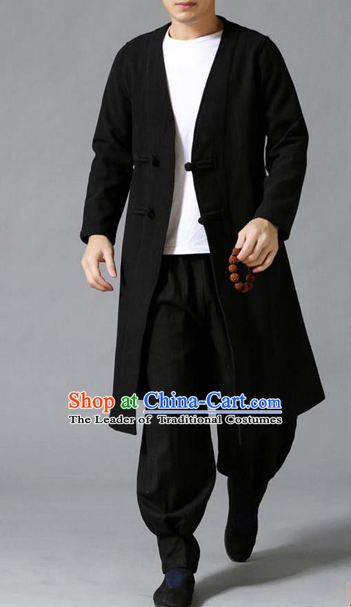 Traditional 	Top Chinese National Tang Suits Linen Costume, Martial Arts Kung Fu Front Opening Black Coats, Kung fu Plate Buttons Jacket, Chinese Taichi Dust Coats Wushu Clothing for Men