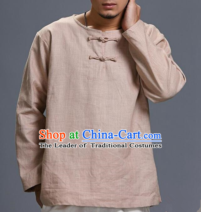 Traditional Top Chinese National Tang Suits Linen Frock Costume, Martial Arts Kung Fu Long Sleeve Beige T-Shirt, Kung fu Plate Buttons Upper Outer Garment, Chinese Taichi Shirts Wushu Clothing for Men