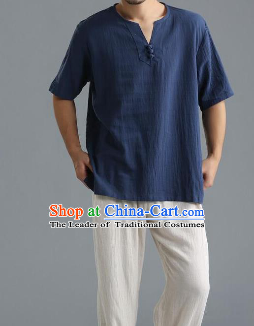 Traditional Top Chinese National Tang Suits Linen Frock Costume, Martial Arts Kung Fu Short Sleeve Blue T-Shirt, Kung fu Unlined Upper Garment, Chinese Taichi Shirts Wushu Clothing for Men