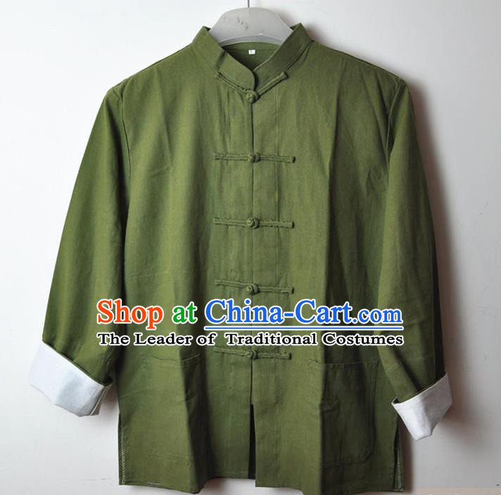 Traditional Top Chinese National Tang Suits Linen Costume, Martial Arts Kung Fu Front Opening Mixed Olives Coats, Kung fu Plate Buttons Jacket, Chinese Taichi Short Coats Wushu Clothing for Men