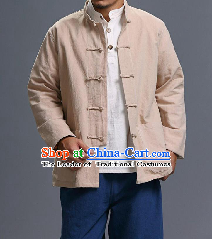 Traditional Top Chinese National Tang Suits Linen Costume, Martial Arts Kung Fu Front Opening Stand Collar Beige Coats, Kung fu Plate Buttons Jacket, Chinese Taichi Short Coats Wushu Clothing for Men