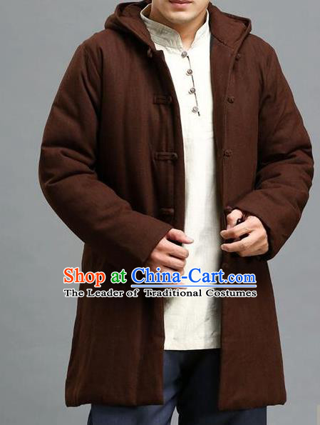 Traditional Top Chinese National Tang Suits Linen Costume, Martial Arts Kung Fu Front Opening Brown Hooded Coats, Chinese Kung fu Plate Buttons Jacket, Chinese Taichi Cotton-Padded Short Coats Wushu Clothing for Men