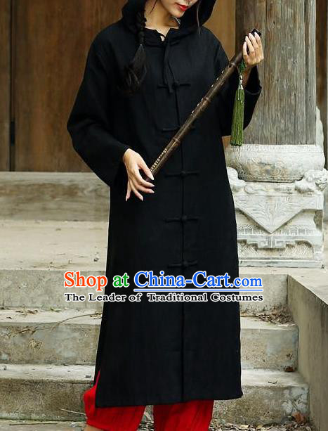 Traditional Top Chinese National Tang Suits Linen Costume, Martial Arts Kung Fu Front Opening Black Hooded Coats, Chinese Kung fu Plate Buttons Dust Coats, Chinese Taichi Long Coats Wushu Clothing for Women