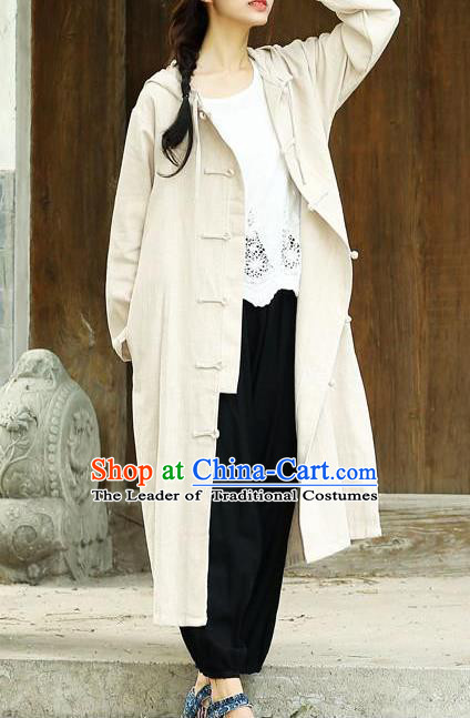 Traditional Top Chinese National Tang Suits Linen Costume, Martial Arts Kung Fu Front Opening Beige Hooded Coats, Chinese Kung fu Plate Buttons Dust Coats, Chinese Taichi Long Coats Wushu Clothing for Women