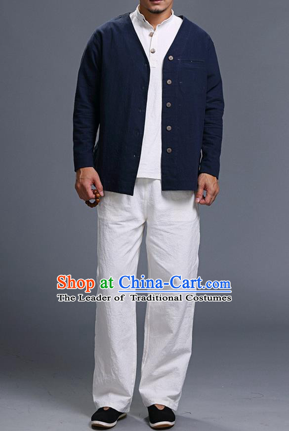 Traditional Top Chinese National Tang Suits Linen Costume, Martial Arts Kung Fu Long Sleeve Navy Overcoat, Chinese Kung fu Upper Outer Garment Jacket, Chinese Taichi Thin Short Cardigan Wushu Clothing for Men