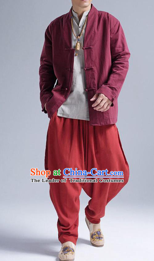 Traditional Top Chinese National Tang Suits Linen Front Opening Costume, Martial Arts Kung Fu Red Coats, Chinese Kung fu Plate Buttons Jacket, Chinese Taichi Short Coats Wushu Cardigan Clothing for Men