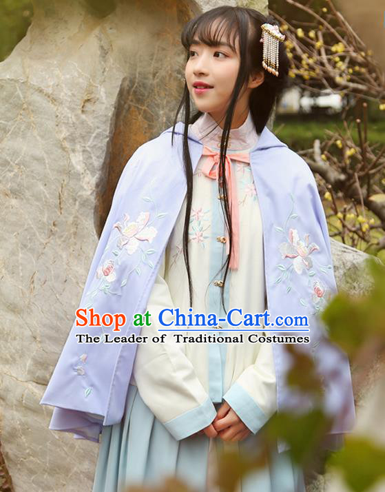 Traditional Ancient Chinese Female Costume Cardigan, Elegant Hanfu Short Cloak Chinese Ming Dynasty Palace Lady Embroidered Paeonia Lactiflora Hooded Cape Clothing for Women