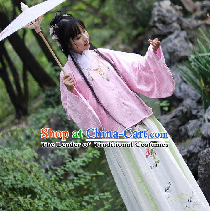 Traditional Ancient Chinese Female Costume Blouse and Skirt Complete Set, Elegant Hanfu Clothing Chinese Ming Dynasty Palace Lady Embroidered Begonia Crane Clothing for Women