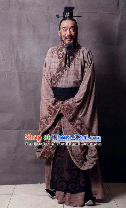Traditional Ancient Chinese Imperial Minister Costume and Hat Complete Set, Elegant Hanfu Orphrey Dress Chinese Qin Dynasty Imperial Courtiers Embroidered Robes for Men
