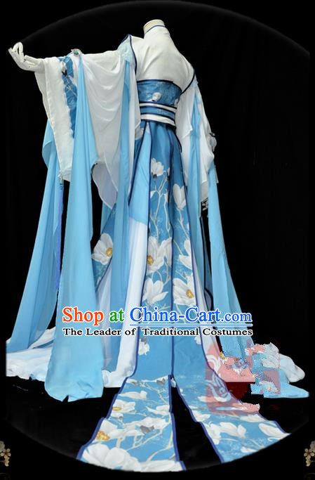 Traditional Asian Chinese Ancient Palace Princess Costume, Elegant Hanfu Blue Dress, Chinese Imperial Princess Tailing Embroidered Clothing, Chinese Cosplay Fairy Princess Empress Queen Cosplay Costumes for Women
