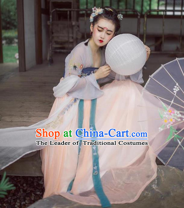 Traditional Ancient Chinese Female Costume Blouse and Dress Complete Set, Elegant Hanfu Clothing Chinese Tang Dynasty Palace Princess Embroidered Clothing for Women