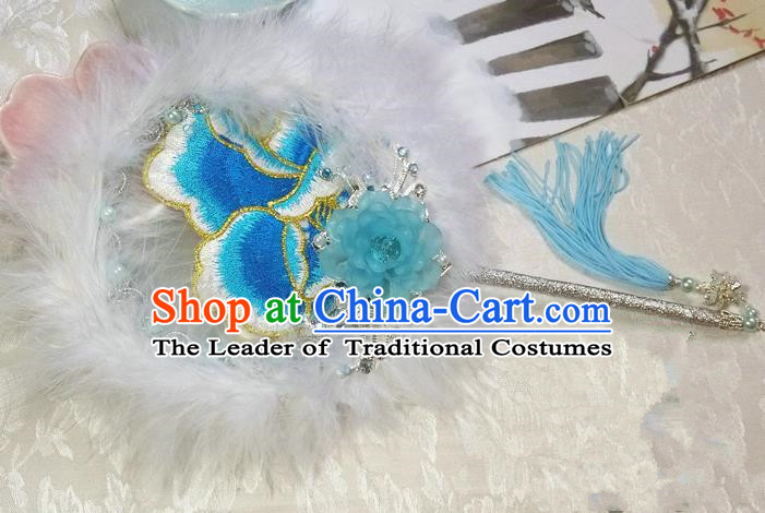 Traditional Chinese Handmade Ancient Hanfu Cosplay Blue Feather Embroidered Flowers Round Fan Props for Women