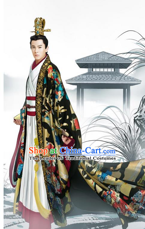 Traditional Ancient Chinese Imperial Emperor Costume and Hat Complete Set, Elegant Hanfu Palace King Robe, Chinese Han Dynasty Majesty Tailing Embroidered Dragon Clothing and Headwear for Men