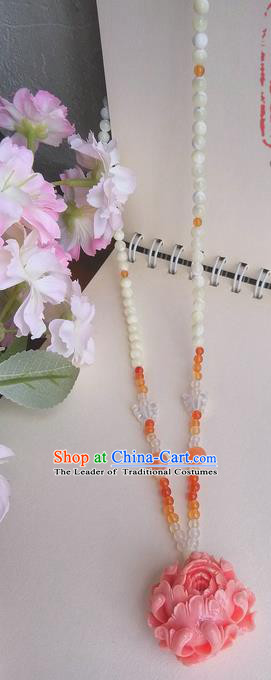Traditional Handmade Chinese Ancient Princess Classical Accessories Jewellery Pink Coral Necklace for Women