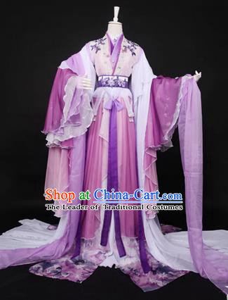 Traditional Ancient Chinese Imperial Consort Costume, Elegant Hanfu Clothing Chinese Tang Dynasty Imperial Empress Cosplay Fairy Tailing Embroidered Lilac Dress for Women