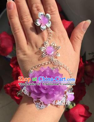 Traditional Handmade Chinese Ancient Princess Classical Accessories Jewellery Purple Flowers Bracelets Chain Bracelet with Ring for Women