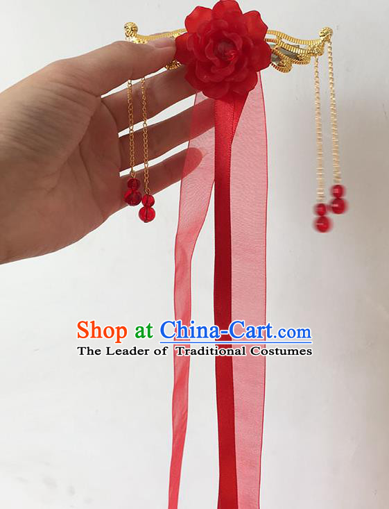 Traditional Handmade Chinese Ancient Princess Classical Accessories Jewellery Hanfu Hair Sticks Long Ribbon Red Hair Claws, Hair Fascinators Hairpins for Women