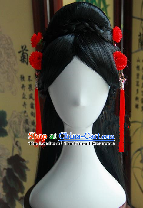 Traditional Handmade Ancient Chinese Han Dynasty Imperial Princess Red Tassels Hair Decoration and Wig Complete Set, Ancient Chinese Hanfu Cosplay Fairy Young Lady Headwear and Wig for Women