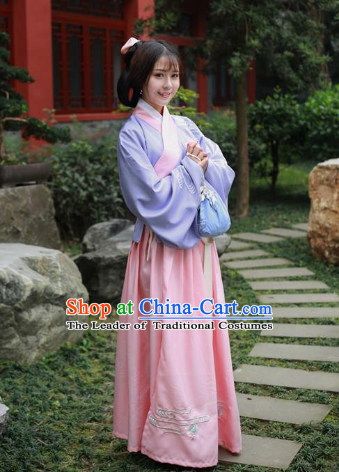 Traditional Ancient Chinese Female Costume Embroidered Flowers Lilac Blouse and Dress Complete Set, Elegant Hanfu Clothing Chinese Ming Dynasty Embroidered Palace Princess Clothing for Women