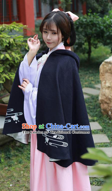 Traditional Ancient Chinese Female Costume Embroidered Flowers Short Cloak, Elegant Hanfu Mantle Clothing Chinese Ming Dynasty Embroidered Palace Princess Navy Hooded Cape Clothing for Women