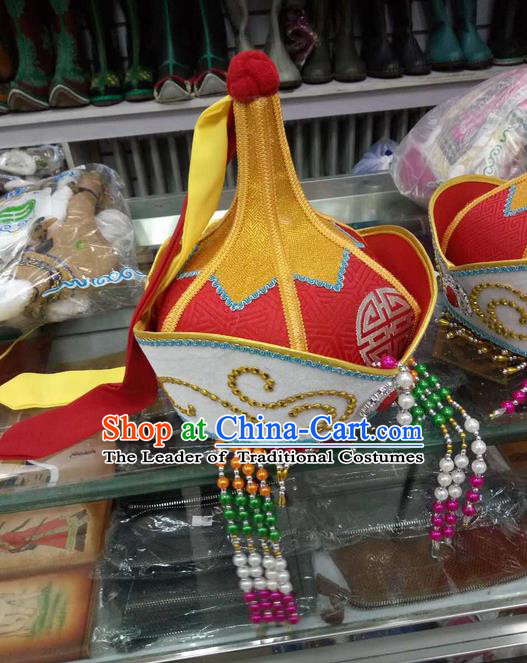 Traditional Chinese Mongol Nationality Dancing Accessories Headdress, Mongolian Folk Dance Ethnic Headwear China Minority Dance Red Hat for Women