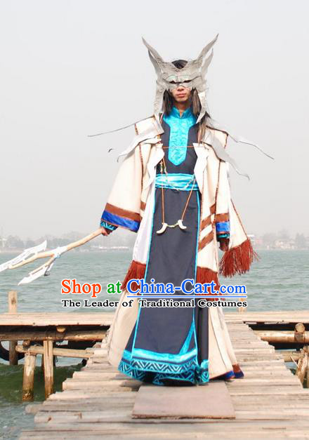 Traditional Ancient Chinese Classical Cartoon Character Uniform Cosplay Game Role Wu Xian Qin Dynasty Swordmen Costume and Headwear Complete Set for Men