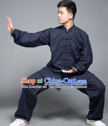 Traditional Chinese Top Flax Kung Fu Costume Martial Arts Kung Fu Training Navy Uniform, Tang Suit Gongfu Shaolin Wushu Clothing, Tai Chi Taiji Teacher Suits Uniforms for Men