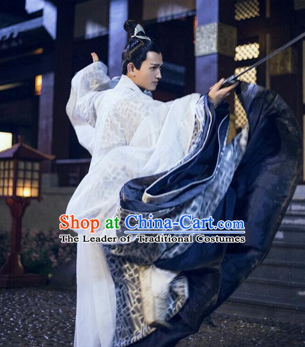 Traditional Ancient Chinese Nobility Childe Costume, Elegant Hanfu Male Lordling Dress Ancient Swordsman Clothing, China Warring States Period Qu Yuan Imperial Prince Embroidered Clothing for Men