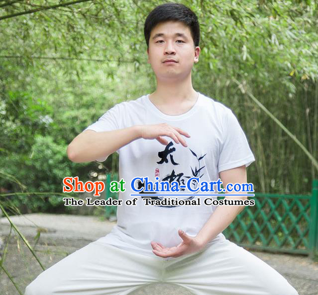Traditional Chinese Top Silk Cotton Kung Fu Costume Martial Arts Kung Fu Training T-Shirt, Tang Suit Gongfu Shaolin Wushu Clothing, Tai Chi Taiji Teacher T-shirts for Men