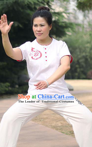 Traditional Chinese Top Cotton Kung Fu Costume Martial Arts Kung Fu Training Short Sleeve Red Print T-Shirt, Tang Suit Gongfu Shaolin Wushu Clothing, Tai Chi Taiji Teacher T-shirts for Women