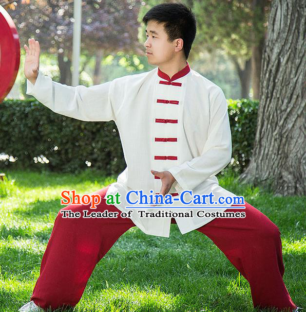 Traditional Chinese Top Linen Kung Fu Costume Martial Arts Kung Fu Training Red Plated Buttons White Uniform, Tang Suit Gongfu Shaolin Wushu Clothing, Tai Chi Taiji Teacher Suits Uniforms for Men