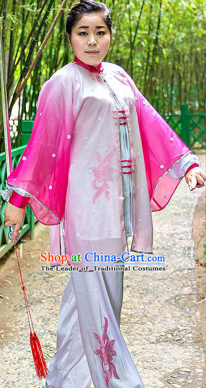 Traditional Chinese Top Stretch Silk Kung Fu Costume Martial Arts Kung Fu Training Embroidery Pink Marble Uniform, Tang Suit Gongfu Shaolin Wushu Clothing, Tai Chi Taiji Teacher Suits Uniforms for Women