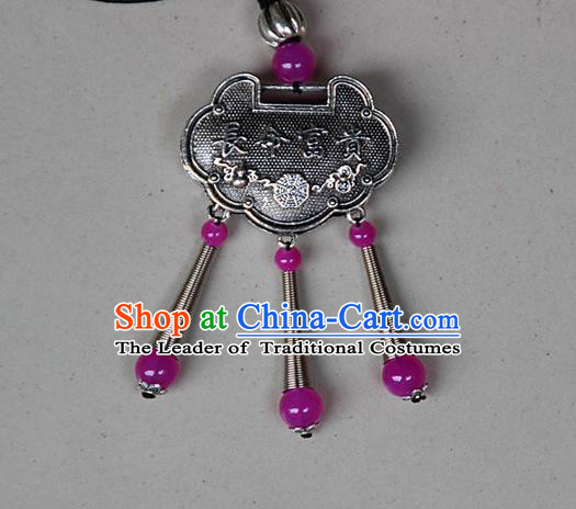 Traditional Chinese Miao Nationality Crafts, Hmong Handmade Miao Silver Embroidery Longevity Lock Pendant, Miao Ethnic Minority Necklace Accessories Bells Pendant for Women