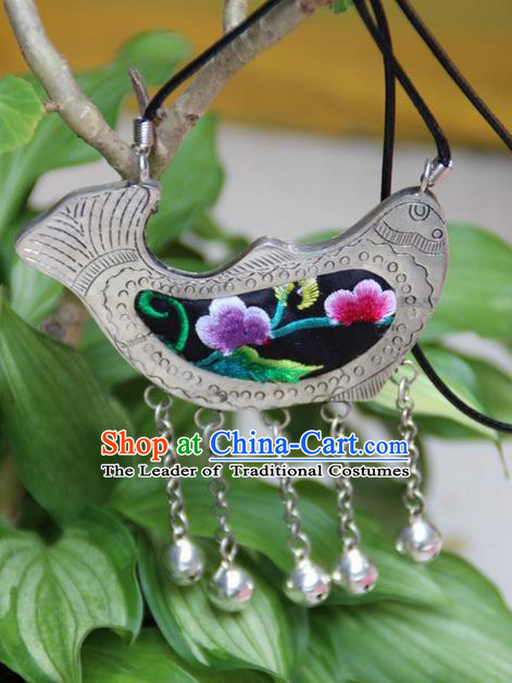 Traditional Chinese Miao Nationality Crafts, Hmong Handmade Miao Silver Embroidery Fish Pendant, Miao Ethnic Minority Necklace Accessories Bells Pendant for Women