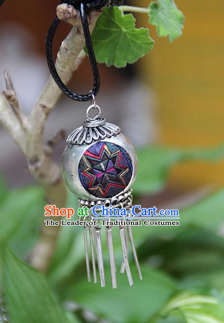 Traditional Chinese Miao Nationality Crafts, Hmong Handmade Miao Silver Embroidery Spherical Tassel Pendant, Miao Ethnic Minority Necklace Accessories Bells Pendant for Women
