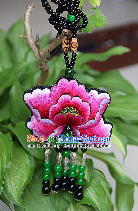 Traditional Chinese Miao Nationality Crafts, Hmong Handmade Double Side Embroidery Tassel Pendant, Miao Ethnic Minority Necklace Accessories Sweater Chain Pendant for Women