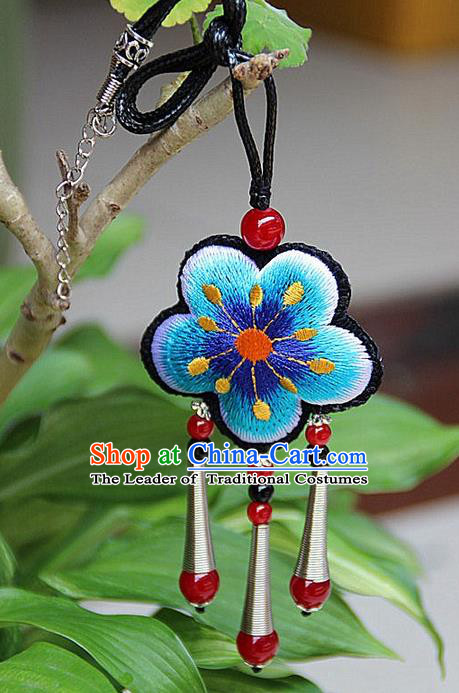 Traditional Chinese Miao Nationality Crafts Jewelry Accessory, Hmong Handmade Miao Silver Embroidery Blue Flowers Red Beads Tassel Pendant, Miao Ethnic Minority Necklace Accessories Pendant for Women