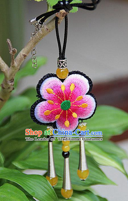 Traditional Chinese Miao Nationality Crafts Jewelry Accessory, Hmong Handmade Miao Silver Embroidery Pink Flowers Yellow Beads Tassel Pendant, Miao Ethnic Minority Necklace Accessories Pendant for Women
