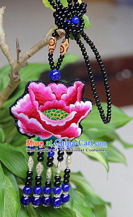 Traditional Chinese Miao Nationality Crafts Jewelry Accessory, Hmong Handmade Double Side Embroidery Blue Beads Tassel Pendant, Miao Ethnic Minority Necklace Accessories Sweater Chain Pendant for Women