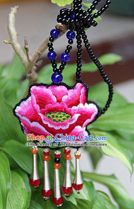 Traditional Chinese Miao Nationality Crafts Jewelry Accessory, Hmong Handmade Double Side Embroidery Red Beads Tassel Pendant, Miao Ethnic Minority Necklace Accessories Sweater Chain Pendant for Women