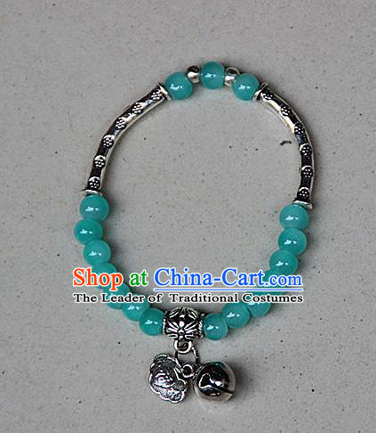 Traditional Chinese Miao Nationality Crafts Jewelry Accessory Bangle, Hmong Handmade Miao Silver Blue Beads Bracelet, Miao Ethnic Minority Bells Longevity Lock Bracelet Accessories for Women