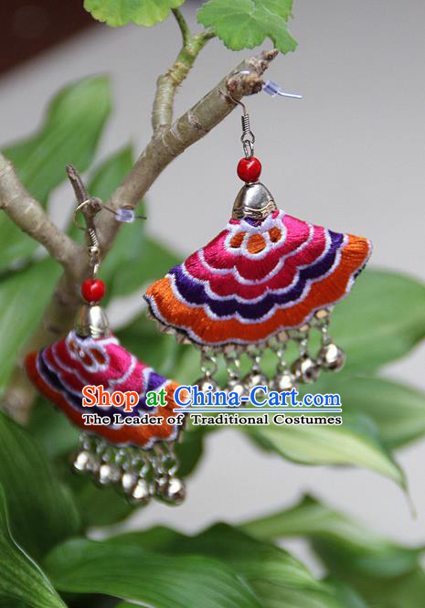 Traditional Chinese Miao Nationality Crafts Jewelry Accessory, Hmong Handmade Embroidery Bells Tassel Earrings, Miao Ethnic Minority Eardrop Accessories Ear Pendant for Women